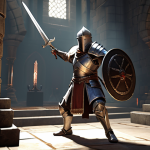 A beginner character in Lineage M, clad in Iron Helmet and Full Plate Armor, wielding a Silver Sword. The character is standing triumphantly over a defeated low-level monster in the Training Dungeon. The scene should emphasize the character's defense and balanced attack.