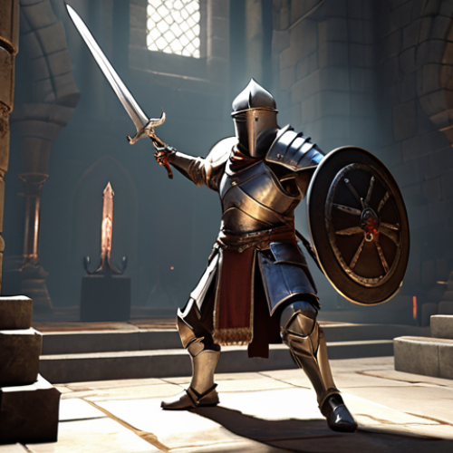 A beginner character in Lineage M, clad in Iron Helmet and Full Plate Armor, wielding a Silver Sword. The character is standing triumphantly over a defeated low-level monster in the Training Dungeon. The scene should emphasize the character's defense and balanced attack.