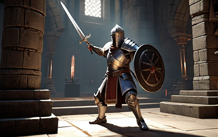 A beginner character in Lineage M, clad in Iron Helmet and Full Plate Armor, wielding a Silver Sword. The character is standing triumphantly over a defeated low-level monster in the Training Dungeon. The scene should emphasize the character's defense and balanced attack.