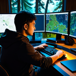 A professional male gamer, fully clothed in modest, comfortable gaming attire, intensely focused at a high-tech desk setup with multiple monitors displaying a fantasy MMORPG map and combat interface. The screen shows a character in a lush, ancient forest, hinting at a dangerous PvE zone with subtle red enemy indicators on the minimap, emphasizing constant vigilance. The lighting is ambient and focused on the screen, creating a high-stakes, strategic atmosphere. perfect anatomy, correct proportions, natural pose, well-formed hands, proper finger count, natural body proportions, professional photography, high quality, safe for work, appropriate content, fully clothed, professional.