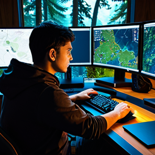 A professional male gamer, fully clothed in modest, comfortable gaming attire, intensely focused at a high-tech desk setup with multiple monitors displaying a fantasy MMORPG map and combat interface. The screen shows a character in a lush, ancient forest, hinting at a dangerous PvE zone with subtle red enemy indicators on the minimap, emphasizing constant vigilance. The lighting is ambient and focused on the screen, creating a high-stakes, strategic atmosphere. perfect anatomy, correct proportions, natural pose, well-formed hands, proper finger count, natural body proportions, professional photography, high quality, safe for work, appropriate content, fully clothed, professional.