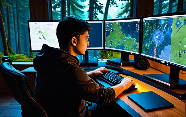 A professional male gamer, fully clothed in modest, comfortable gaming attire, intensely focused at a high-tech desk setup with multiple monitors displaying a fantasy MMORPG map and combat interface. The screen shows a character in a lush, ancient forest, hinting at a dangerous PvE zone with subtle red enemy indicators on the minimap, emphasizing constant vigilance. The lighting is ambient and focused on the screen, creating a high-stakes, strategic atmosphere. perfect anatomy, correct proportions, natural pose, well-formed hands, proper finger count, natural body proportions, professional photography, high quality, safe for work, appropriate content, fully clothed, professional.
