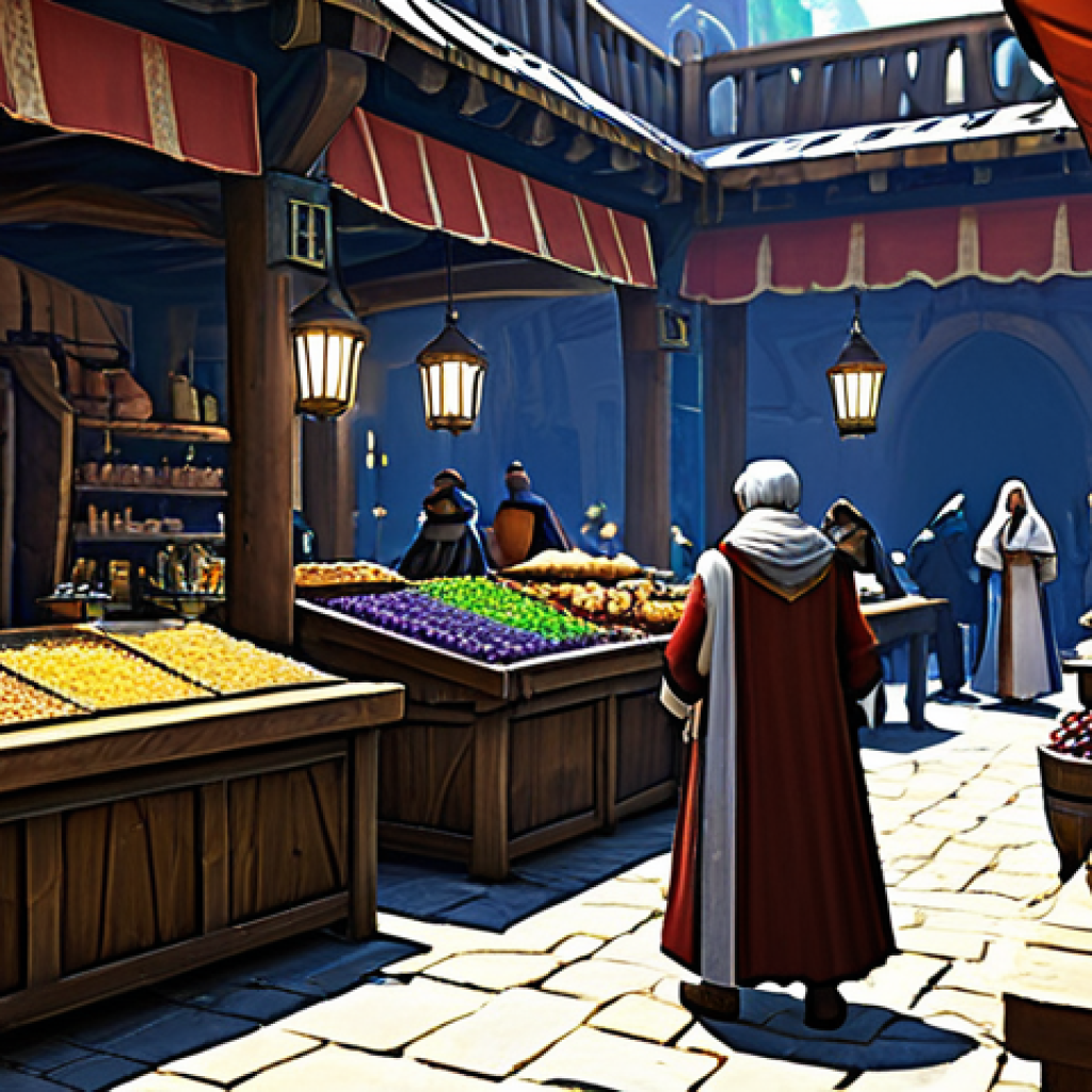 Thriving Marketplace**

"A bustling marketplace scene in a fantasy MMORPG, fully clothed merchants trading goods, appropriate attire, stalls overflowing with potions, scrolls, and crafted items, safe for work, professional digital art, perfect anatomy, natural proportions, vibrant colors, fantasy setting, high quality."

**