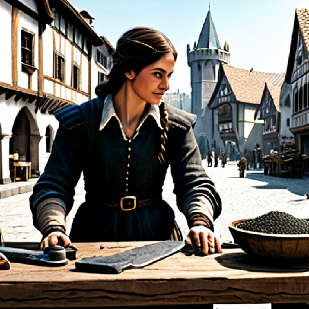 **

"A professional crafter in a fantasy setting, wearing modest adventurer's clothing, working at a detailed crafting table filled with materials like iron ore, herbs, and leather. Background shows a bustling medieval town square. Safe for work, appropriate content, fully clothed, professional, perfect anatomy, well-formed hands, natural lighting, high-resolution, family-friendly."

**