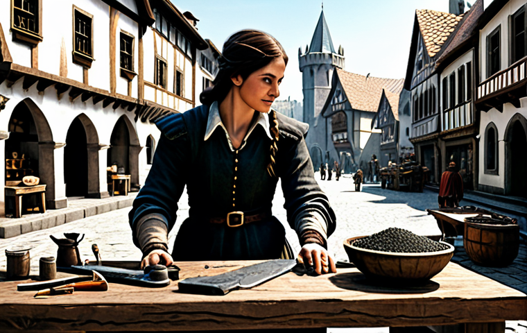 **

"A professional crafter in a fantasy setting, wearing modest adventurer's clothing, working at a detailed crafting table filled with materials like iron ore, herbs, and leather. Background shows a bustling medieval town square. Safe for work, appropriate content, fully clothed, professional, perfect anatomy, well-formed hands, natural lighting, high-resolution, family-friendly."

**