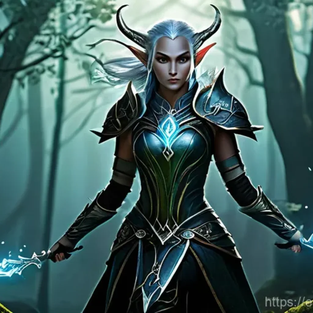 리니지M 콘텐츠 분류 가이드 - **Prompt:** A powerful female Dark Elf character from Lineage M, in a dynamic combat pose, gracefull...