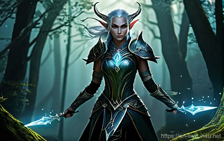 리니지M 콘텐츠 분류 가이드 - **Prompt:** A powerful female Dark Elf character from Lineage M, in a dynamic combat pose, gracefull...