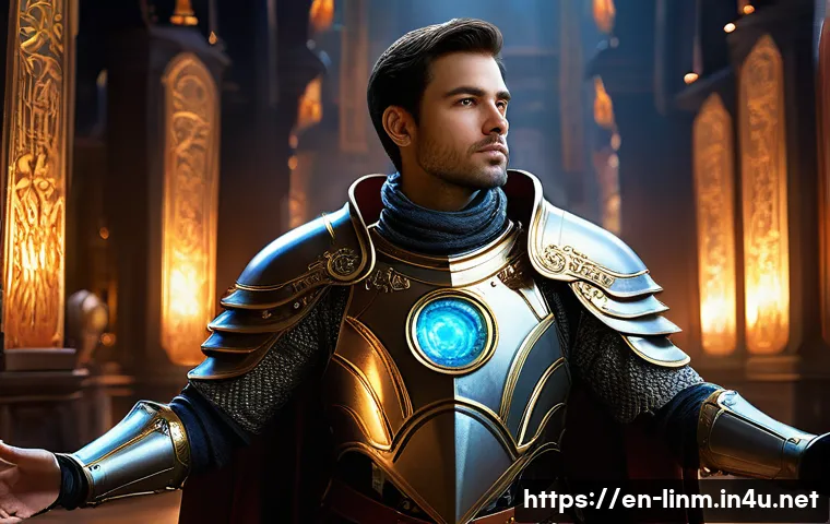 리니지M 스킬북 구입 위치 - **Prompt**: "A male human Knight, aged around 30, clad in detailed, ornate full-plate fantasy armor,...