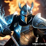 Home 21 리니지M 용기사 스킬 조합 - A dynamic scene of a Dragon Knight in mid-combat, clad in intricately detailed armor with glowing ru...