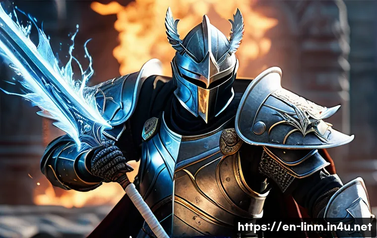 리니지M 용기사 스킬 조합 - A dynamic scene of a Dragon Knight in mid-combat, clad in intricately detailed armor with glowing ru...