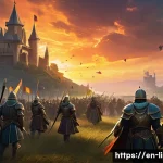 Home 19 리니지M 초보자 혈맹 가입 - A dynamic fantasy clan war scene in a lush, sprawling medieval battlefield, featuring armored warrio...