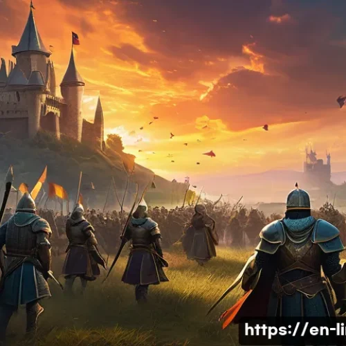 Home 31 리니지M 초보자 혈맹 가입 - A dynamic fantasy clan war scene in a lush, sprawling medieval battlefield, featuring armored warrio...