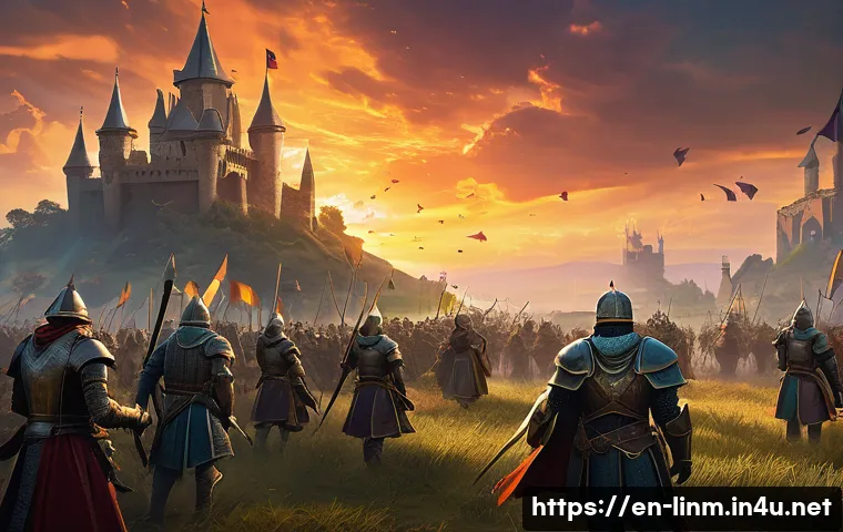 리니지M 초보자 혈맹 가입 - A dynamic fantasy clan war scene in a lush, sprawling medieval battlefield, featuring armored warrio...