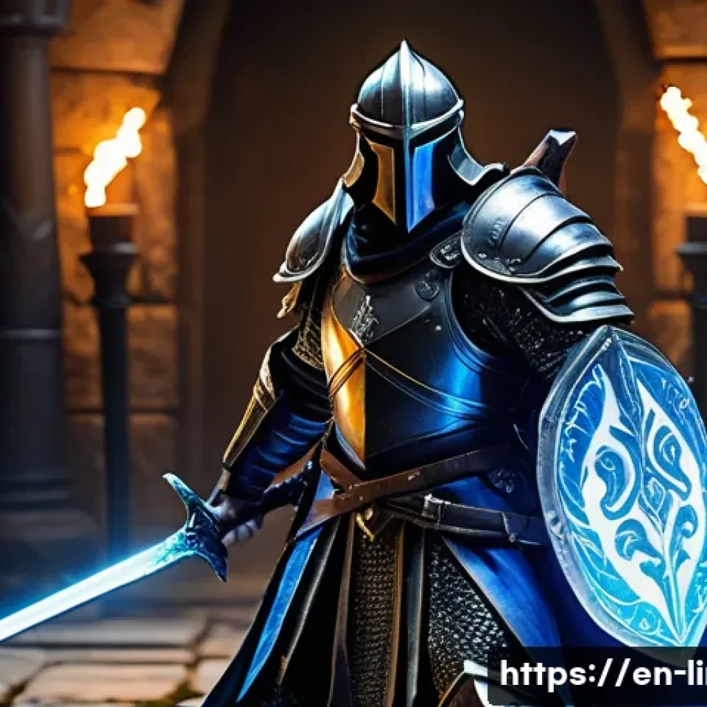 리니지M 최고 등급 아이템 - A dynamic fantasy warrior clad in mixed armor combining heavy plate and lighter leather elements, sh...