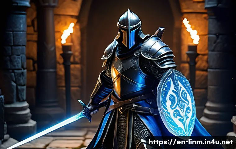 리니지M 최고 등급 아이템 - A dynamic fantasy warrior clad in mixed armor combining heavy plate and lighter leather elements, sh...