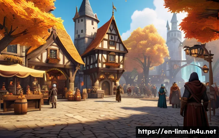 리니지M 공식 이벤트 활용 - A vibrant fantasy MMORPG scene featuring a diverse group of players logging into a medieval-style to...