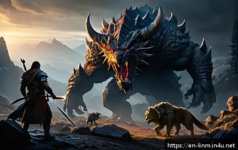 리니지M 최고 사냥터 추천 - A dynamic fantasy battle scene set at Bloodfang Ridge during off-peak hours, featuring a diverse gro...