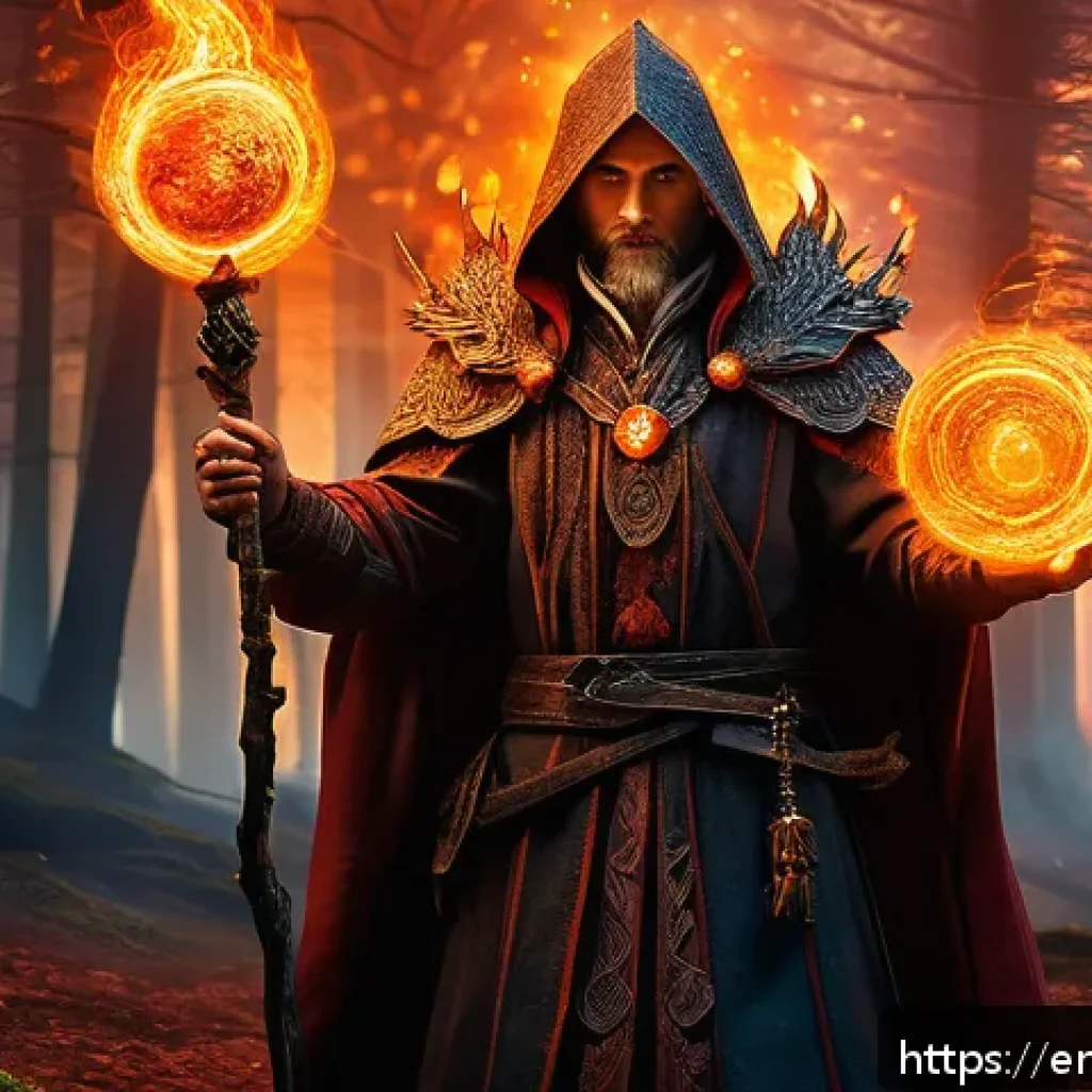 리니지M 유물 아이템 정보 - A powerful mage character wielding the Flameheart Talisman, surrounded by swirling fire and glowing ...