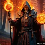 리니지M 유물 아이템 정보 - A powerful mage character wielding the Flameheart Talisman, surrounded by swirling fire and glowing ...