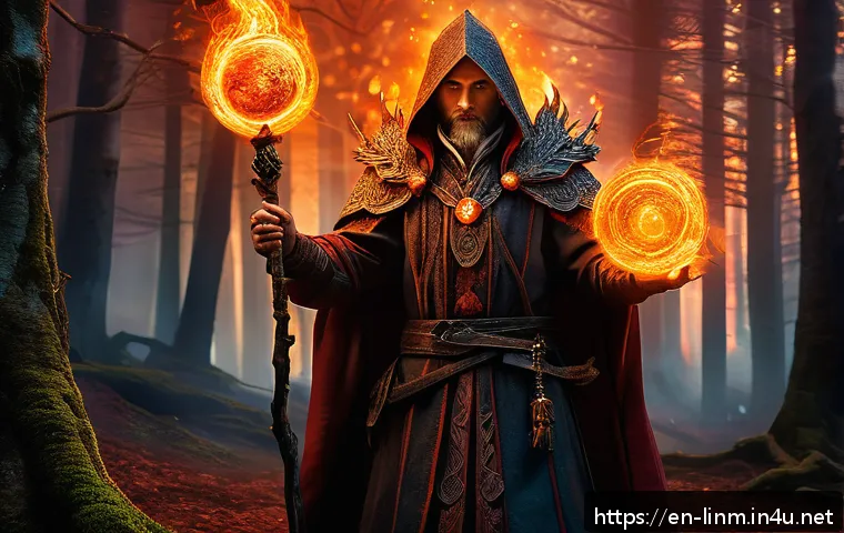 리니지M 유물 아이템 정보 - A powerful mage character wielding the Flameheart Talisman, surrounded by swirling fire and glowing ...