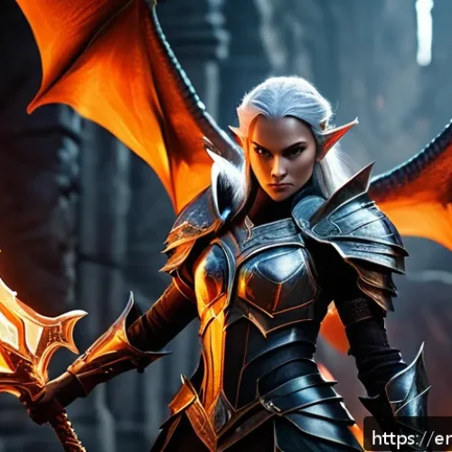 리니지M PvE 전략 가이드 - A fierce Dark Elf warrior standing in a fiery dragon’s lair dungeon, clad in dark leather armor with...
