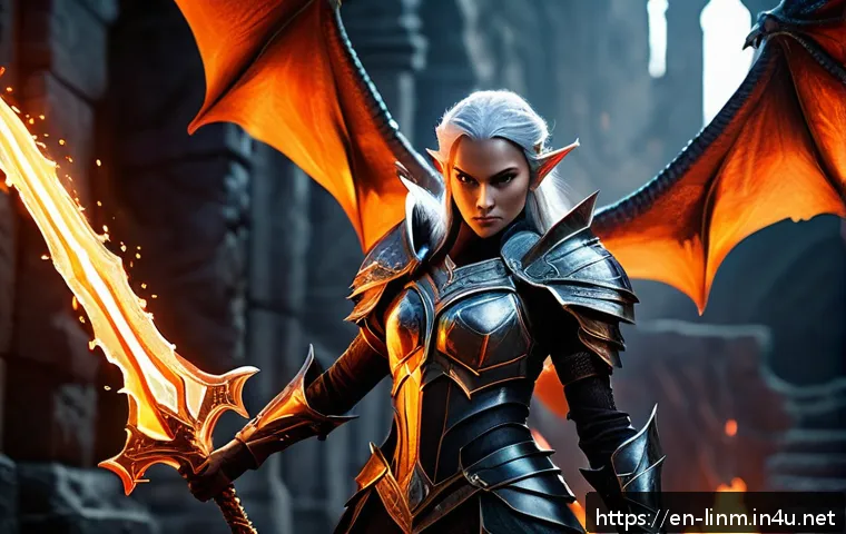 리니지M PvE 전략 가이드 - A fierce Dark Elf warrior standing in a fiery dragon’s lair dungeon, clad in dark leather armor with...