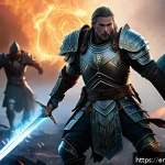 리니지M 전투 스타일 분석 - A heroic warrior clad in heavy, intricately detailed armor with visible strength and vitality enhanc...