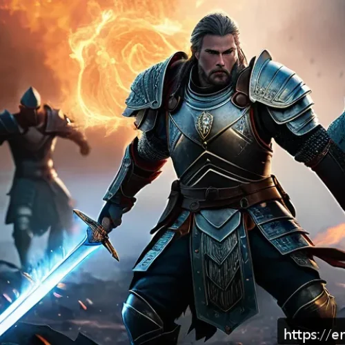 리니지M 전투 스타일 분석 - A heroic warrior clad in heavy, intricately detailed armor with visible strength and vitality enhanc...