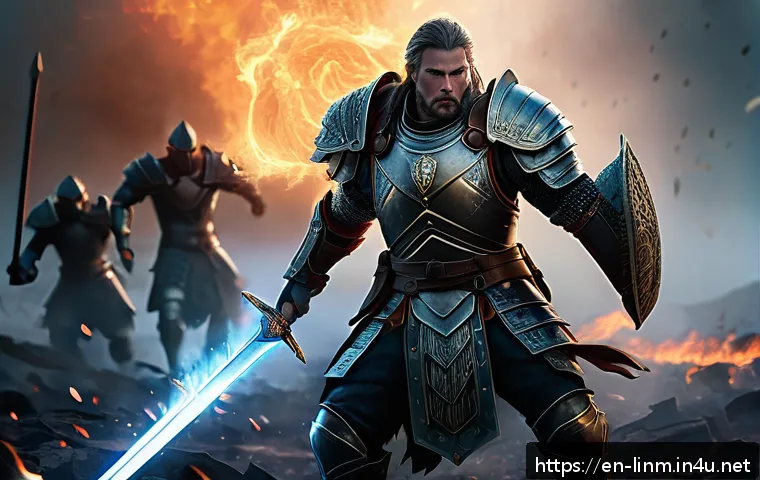 리니지M 전투 스타일 분석 - A heroic warrior clad in heavy, intricately detailed armor with visible strength and vitality enhanc...