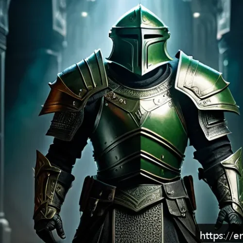 리니지M 레어 장비 세트 옵션 - A fierce warrior clad in the full Iron Fortress rare equipment set, showcasing heavy, ornate armor w...