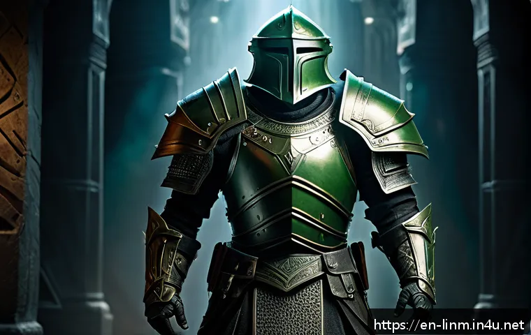 리니지M 레어 장비 세트 옵션 - A fierce warrior clad in the full Iron Fortress rare equipment set, showcasing heavy, ornate armor w...