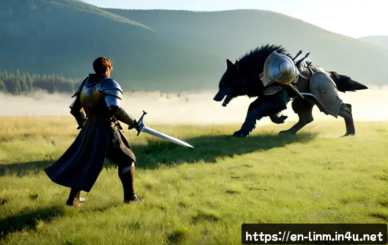 리니지M 필드 전투 기본 - Photorealistic fantasy MMORPG field battle, a lone armored warrior with sword and round shield confr...