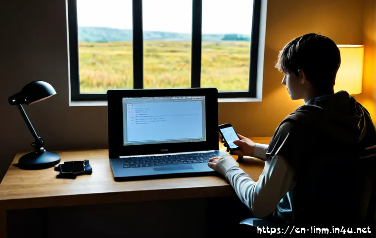 Home 17 리니지M 초보자 팁 - Photorealistic beginner mobile MMORPG gaming setup, focused young adult player seated at a tidy home...