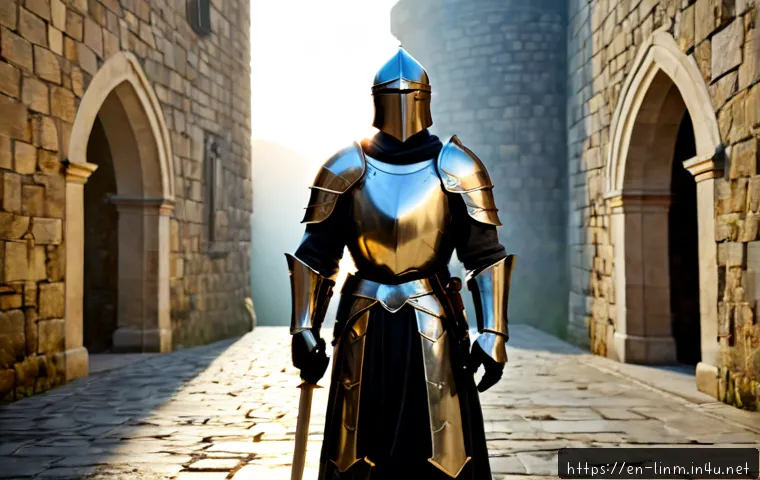리니지M 최고 인기 캐릭터 - Photorealistic fantasy MMORPG hero archetype, a confident armored knight standing in a dramatic ston...