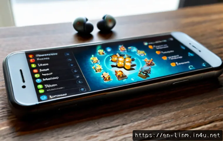 리니지M 자동 사냥 체크리스트 - Photorealistic close-up of a modern smartphone on a clean wooden desk displaying a generic fantasy m...