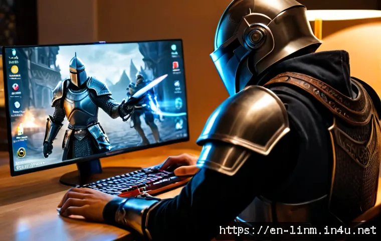 리니지M 전투력 상승법 - Photorealistic over-the-shoulder view of an adult fantasy mobile gamer at a clean modern home desk, ...