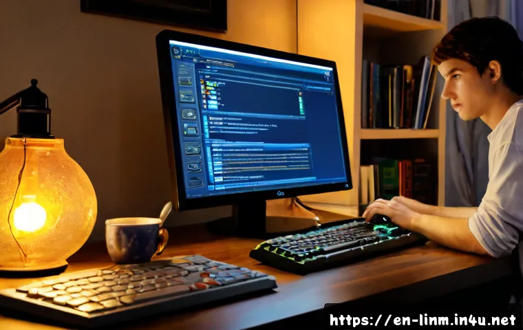 Home 17 리니지M 아이템 회수 방법 - Photorealistic home office scene, a focused adult gamer using a desktop computer showing a generic f...